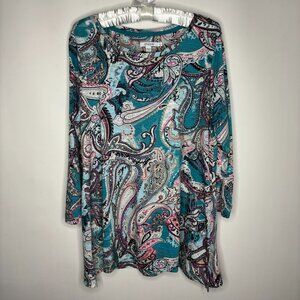 Chico's Top Women 1 Medium/8 Blue Scoop Neck Paisley Print Blouse Tunic